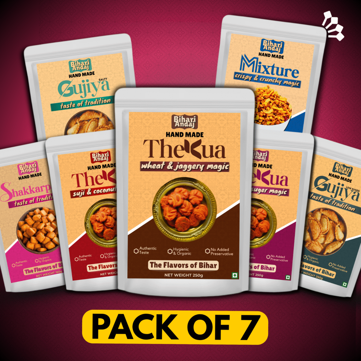Bihari Andaj Traditional Snacks Pack of 7 – Handmade Gujiya, Thekua, Sakarpara, Namkeen & More | Authentic Bihari Taste | 100% Fresh & Homemade - Image 1