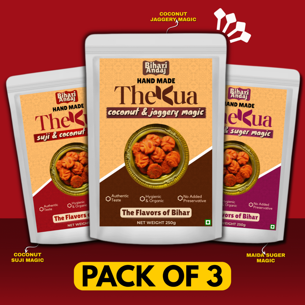 Thekua Combo Pack – 3 Flavours in 1 | Coconut-Jaggery, Maida-Sugar & Suji-Coconut | Handmade Bihari Snacks | No Preservatives - Image 1